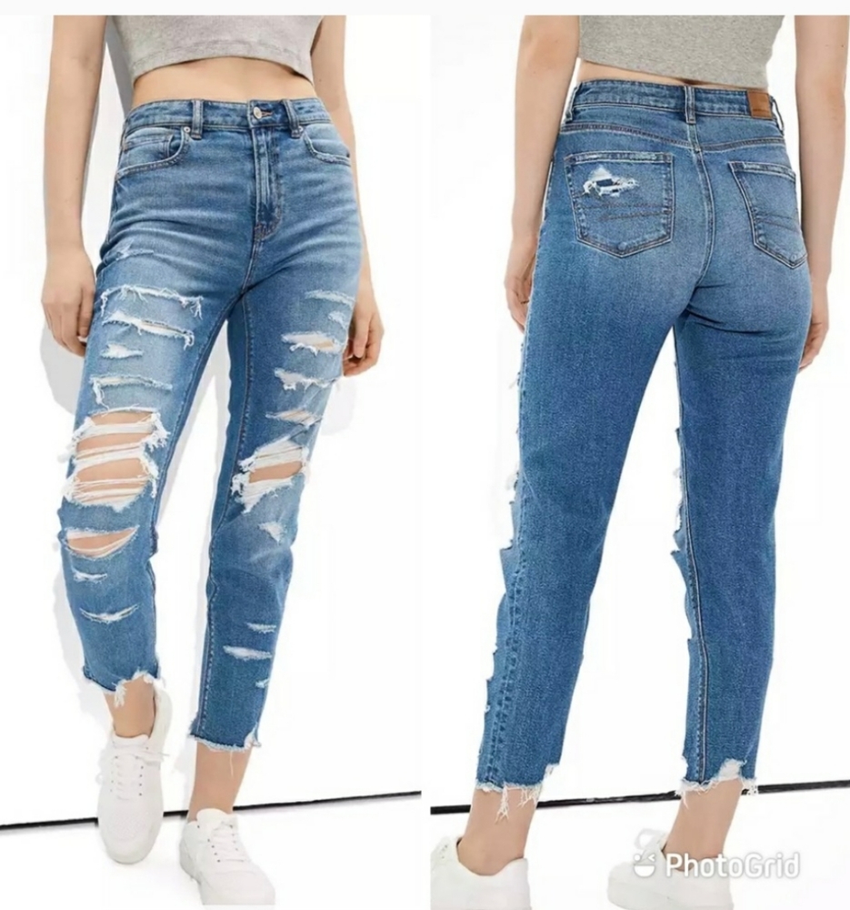 American Eagle High Rise Stretch Ripped Mom Jeans 6 Long 28W